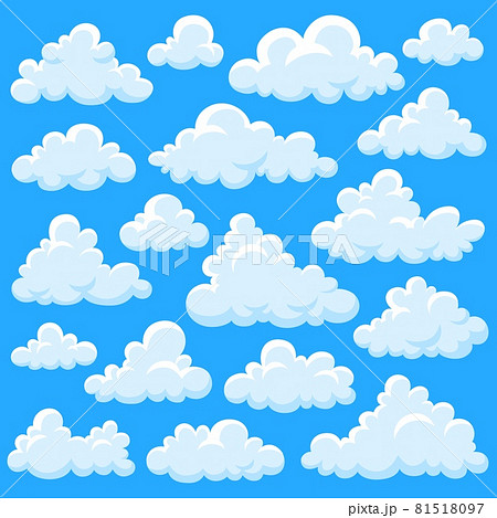 White cartoon clouds. Fluffy cloud, overcast elements fly on blue sky. Smoke shapes, summer heaven or game weather garish vector objects 81518097
