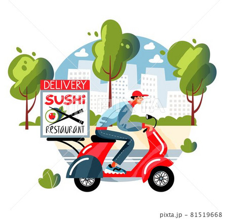 Young man delivering Japanese sushi from restaurant. Happy guy driving in scooter with food from cafe. Asian traditional cuisine vector illustration. Road with trees and buildings 81519668