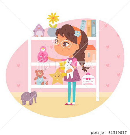 Girl putting toys from floor to shelves, helping with housework. Kid helps to clean bedroom vector illustration. From messy room to neat shelves in stand with books and toys Girl putting toys from floor to shelves, helping with housework. Kid helps to clean bedroom vector illustration. From messy room to neat shelves in stand with books and toys 81519857