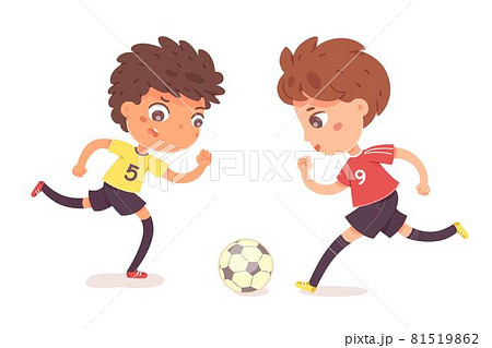 Boys playing football together. Two happy little kids playing sport in uniforms vector illustration. Smiling children kicking ball by foot between them on white background 81519862