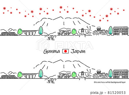 群馬県の観光地の街並みと新型コロナウイルスのシンプル線画セット 81520053
