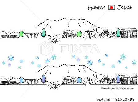 冬の群馬県の観光地の街並みシンプル線画セット 冬の群馬県の観光地の街並みシンプル線画セット 81520798
