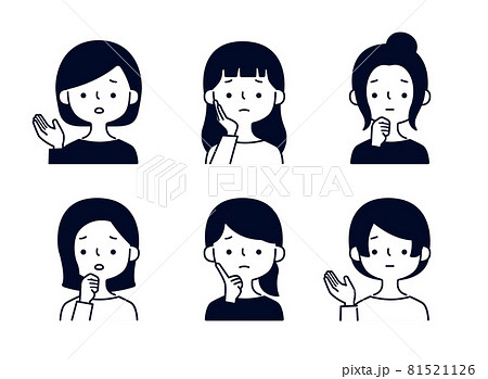 困り顔の女性の表情ポーズバリエーションセットのイラスト素材