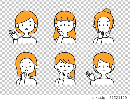 困り顔の女性の表情ポーズバリエーションセットのイラスト素材