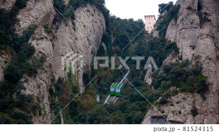 Montserrat mountain funicular to Santa Cova. The Benedictine abbey Santa Maria de Montserrat in Monistrol de Montserrat, Spain. Montserrat mountain funicular to Santa Cova. The Benedictine abbey Santa Maria de Montserrat in Monistrol de Montserrat, Spain. 81524315