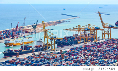 Barcelona, Spain - April 8, 2019: Industrial Port for freight transport and global business. Barcelona, Spain - April 8, 2019: Industrial Port for freight transport and global business. 81524564