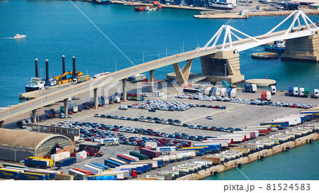 Barcelona, Spain - April 8, 2019: Industrial Port for freight transport and global business. Barcelona, Spain - April 8, 2019: Industrial Port for freight transport and global business. 81524583
