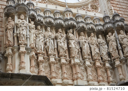 Montserrat, Spain - April 5, 2019: Statues of Santa Maria de Montserrat Abbey in Monistrol de Montserrat, Spain. Montserrat, Spain - April 5, 2019: Statues of Santa Maria de Montserrat Abbey in Monistrol de Montserrat, Spain. 81524710