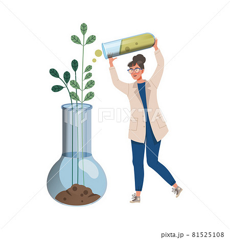 Young Woman Scientist in Laboratory Coat Fertilizing Plant in Glass Flask Studying Biology and Vegetation Taking Care of Nature and Environment Vector Illustration Young Woman Scientist in Laboratory Coat Fertilizing Plant in Glass Flask Studying Biology and Vegetation Taking Care of Nature and Environment Vector Illustration 81525108