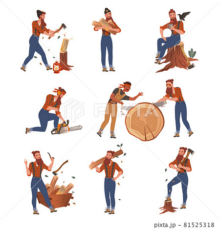 Bearded Woodman or Lumberman in Red Checkered Shirt and Sling Pants with Felling Ax Chopping and Sawing Wood Vector Set 81525318