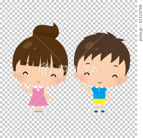 女の子と男の子が笑顔で右手をかざしているかわいいイラストのイラスト素材