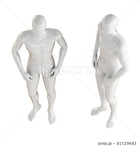 Two white faceless mannequin man standing in the usual free pose, top view. Isolated on a white background. 3D rendering 81529683