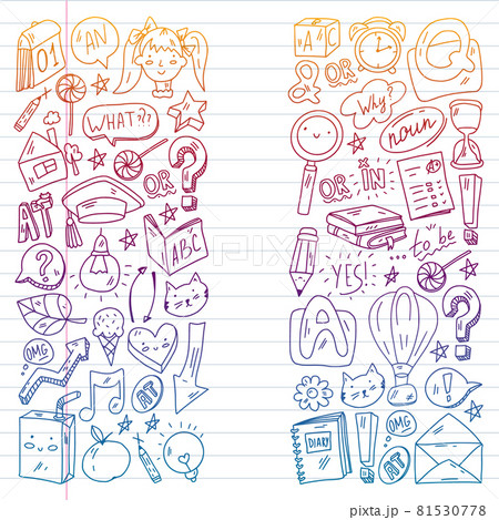 Doodle vector concept illustration of learning English language. English language courses. School. College. University. 81530778