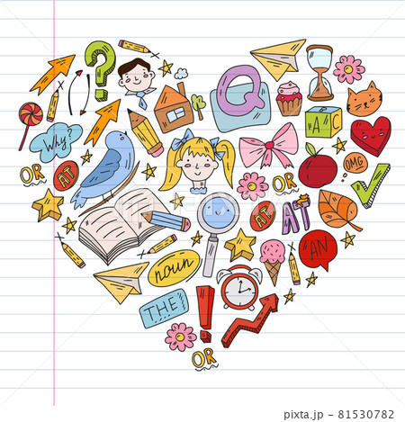Doodle vector concept illustration of learning English language. English language courses. School. College. University. 81530782