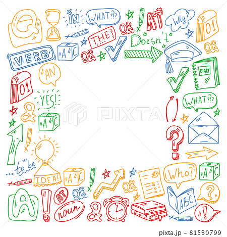 Doodle vector pattern. Illustration of learning English language. E-learning, online education in internet. 81530799