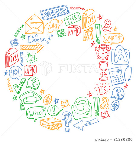 Doodle vector pattern. Illustration of learning English language. E-learning, online education in internet. 81530800