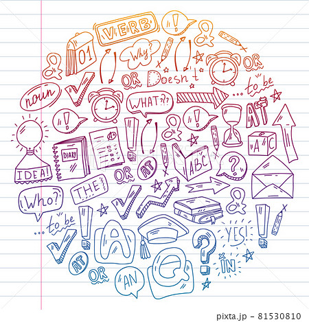 Doodle vector concept illustration of learning English language. English language courses. School. College. University. Doodle vector concept illustration of learning English language. English language courses. School. College. University. 81530810