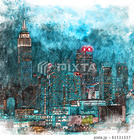 Abstract watercolor Manhattan, Empire State Building, buildings and streets 81531337