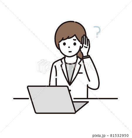 パソコンの前で耳が聞こえづらくて困る女性薬剤師のイラスト パソコンの前で耳が聞こえづらくて困る女性薬剤師のイラスト 81532950