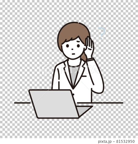 パソコンの前で耳が聞こえづらくて困る女性薬剤師のイラスト パソコンの前で耳が聞こえづらくて困る女性薬剤師のイラスト 81532950