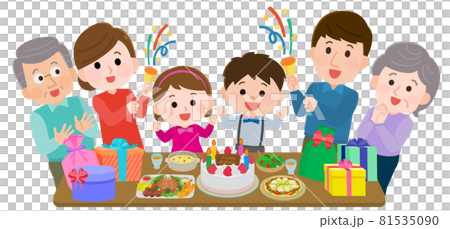 Birthday party Illustration of a family celebrating a child's birthday in three generations 81535090