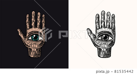 Mystical magic palmistry. Esoteric or alchemy occult sketch for tattoo. Fate in the palm of your Mystical magic palmistry. Esoteric or alchemy occult sketch for tattoo. Fate in the palm of your 81535442