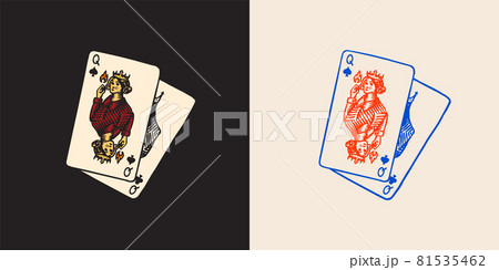 Playing cards in vintage doodle style. Spades Queen. Hand drawn engraved doodle sketch. Vector 81535462
