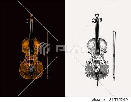 Jazz cello and bow in monochrome engraved vintage style. Hand drawn violoncello sketch for blues and Jazz cello and bow in monochrome engraved vintage style. Hand drawn violoncello sketch for blues and 81536249