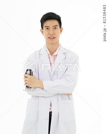Portrait of Asian male doctor in white gown coat holding stethoscope in hand pose on white background with copy space. Portrait of Asian male doctor in white gown coat holding stethoscope in hand pose on white background with copy space. 81536483