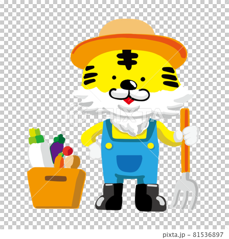一個可愛的老虎角色穿著工作服去農活 81536897