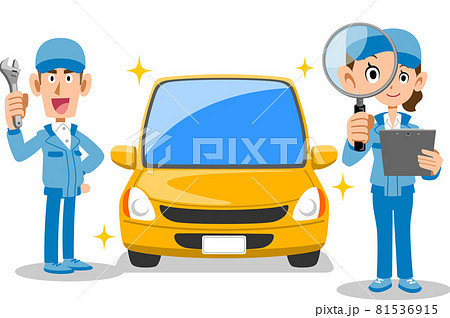 自動車を整備する男性自動車整備士と問題箇所をチェックする女性自動車整備士のイラスト素材
