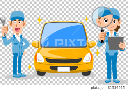 自動車を整備する男性自動車整備士と問題箇所をチェックする女性自動車整備士 81536915