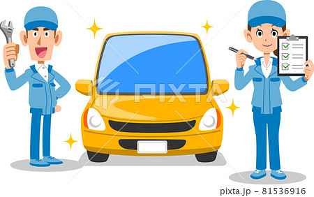 自動車を整備する男性自動車整備士とチェックリストを見せる女性自動車整備士 自動車を整備する男性自動車整備士とチェックリストを見せる女性自動車整備士 81536916