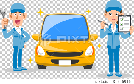 自動車を整備する男性自動車整備士とチェックリストを見せる女性自動車整備士 自動車を整備する男性自動車整備士とチェックリストを見せる女性自動車整備士 81536916