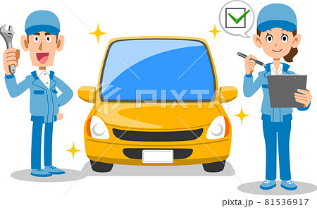 自動車を整備する男性自動車整備士と修理箇所をチェックする女性自動車整備士 自動車を整備する男性自動車整備士と修理箇所をチェックする女性自動車整備士 81536917
