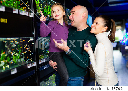 Cheerful parents with little girl looking for aquarium fish 81537094
