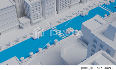俯瞰目線 シンプルな白い模型風の建造物 ビル群と道路を走る自動車のイラスト素材