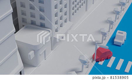 俯瞰目線 シンプルな白い模型風の建造物 ビル群と交通事故を起こす赤い自動車のイラスト素材