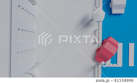 俯瞰目線 シンプルな白い模型風の建造物 ビル群と交通事故を起こす赤い自動車のイラスト素材