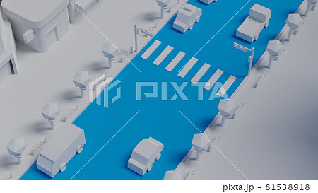 俯瞰目線 シンプルな白い模型風の建造物 ビル群と車道を走る自動車のイラスト素材