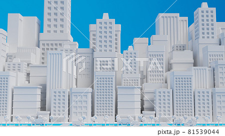 正面図 白い模型風の建造物 ビル群と車道を走る自動車のイラスト素材