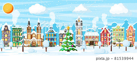 Christmas Card with Urban Landscape and Snowfall. 81539944