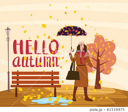 Young woman with umbrella in the autumn park city, trendy clothes street fashionable style outwear female, fall mood. Lettering Hello Autumn. Trendy vector style Young woman with umbrella in the autumn park city, trendy clothes street fashionable style outwear female, fall mood. Lettering Hello Autumn. Trendy vector style 81539975