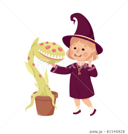 Happy Girl Witch in Purple Dress and Pointed Hat Touching Toothy Plant in Pot Practising Witchcraft and Doing Magic Vector Illustration 81540928