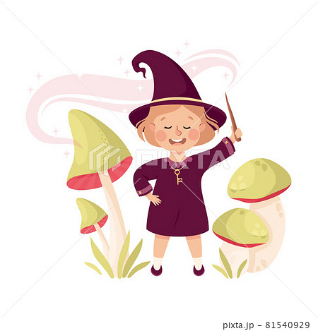 Happy Girl Witch in Purple Dress and Pointed Hat Casting Spell Practising Witchcraft and Doing Magic with Wand Vector Illustration Happy Girl Witch in Purple Dress and Pointed Hat Casting Spell Practising Witchcraft and Doing Magic with Wand Vector Illustration 81540929
