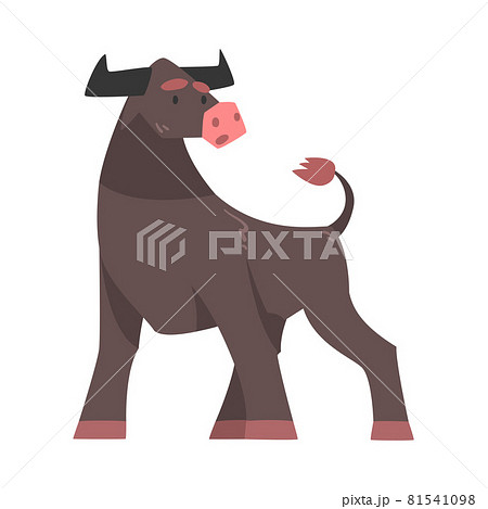 Black Horned Standing Bull with Hoof and Muscular Neck Vector Illustration 81541098