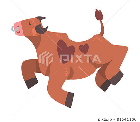 Brown Spotted Bull with Horns and Ring in the Nose Jumping with Joy Vector Illustration 81541106