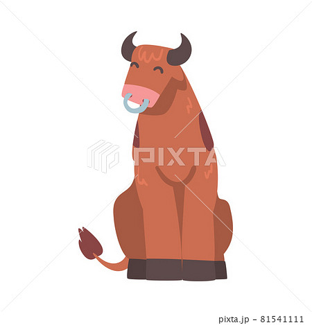Brown Spotted Bull with Horns and Ring in the Nose in Sitting Pose Vector Illustration 81541111