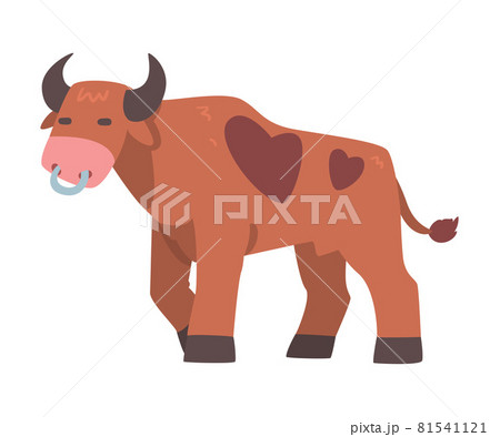 Brown Spotted Bull with Horns and Ring in the Nose in Standing Pose Vector Illustration 81541121