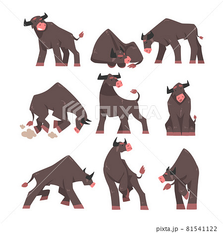 Black Horned Bull with Hoof and Muscular Neck Standing, Sleeping and Attacking Vector Set 81541122